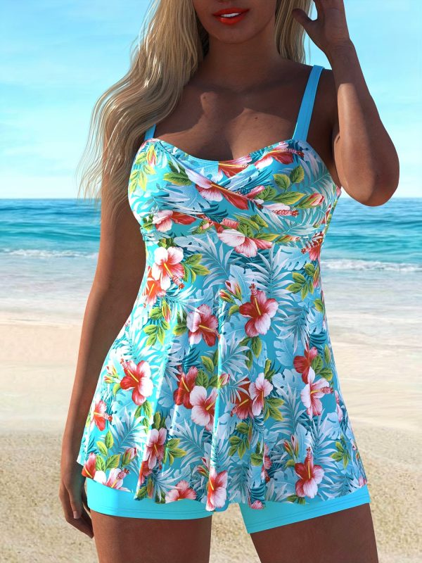 Set Tankini da Donna con Stampa Floreale - Costume da Bagno in Nylon ed Elastan ad Alta Elasticità - immagine 2
