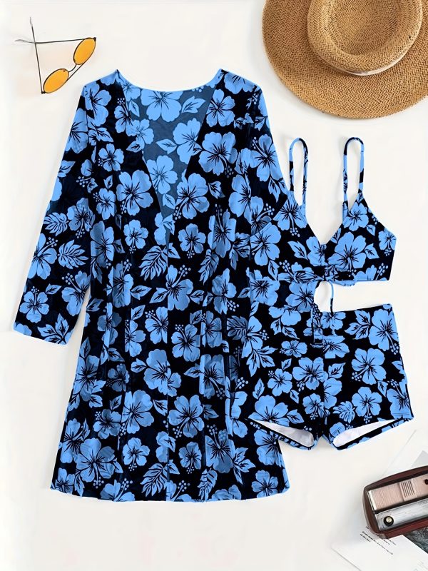Set Bikini Sexy con Stampa Floreale e Copricostume, Manica Lunga, Costumi da Bagno in Nylon e Poliestere ad Alta Elasticità per Donne - Lavabile in Lavatrice - immagine 8